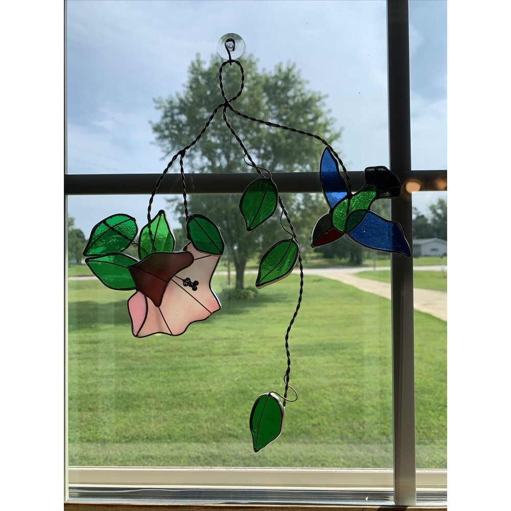 Tiffany Style Stained Glass Bird w/Flower & Vines Hanging Sun Catcher